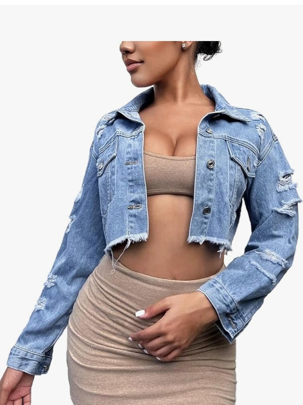 Cropped Distressed Light Blue Denim Jacket - Women's Jean Jacket Size M